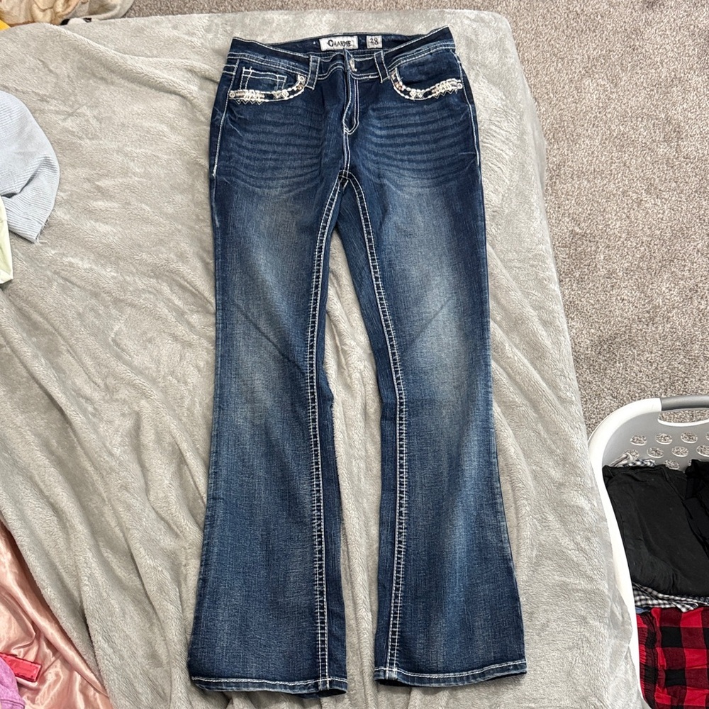 Dark Indigo Bootcut Jeans with Embroidered Pockets - Womens